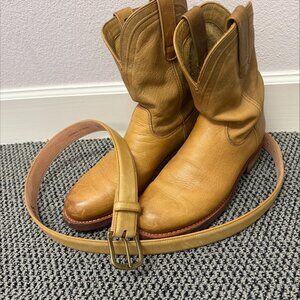 Tecovas Stockton Bison Leather Cowboy Boots with matching belt